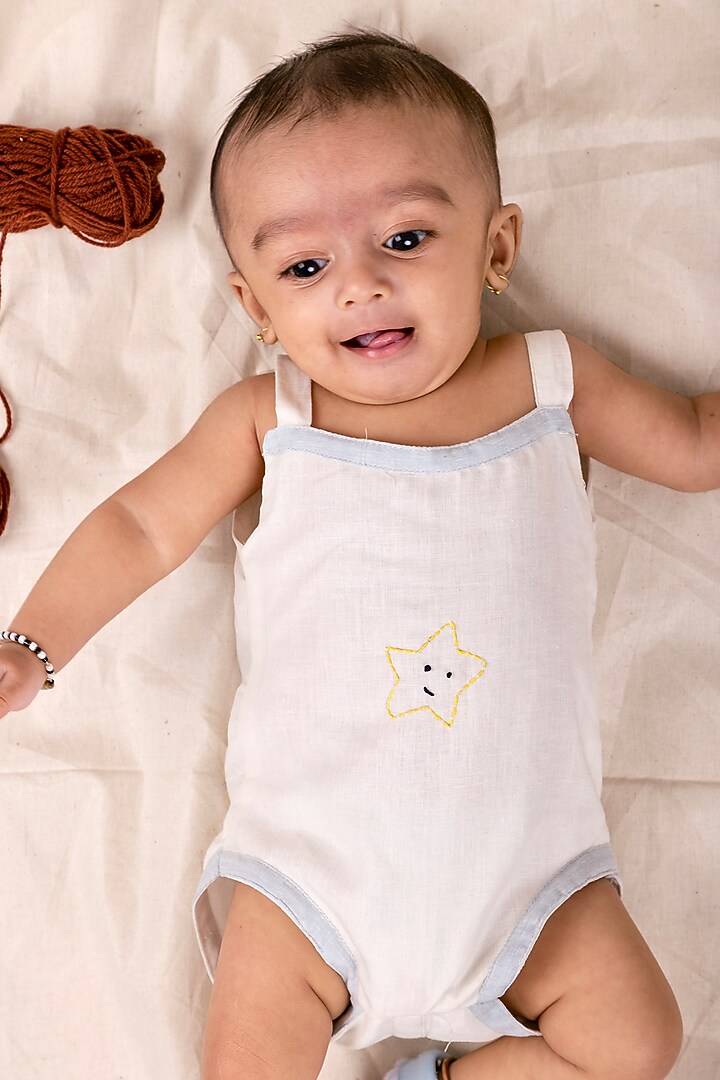 White Linen & Lyocell Hand Embroidered Bodysuit For Boys by Lilvin Comfy Wear at Pernia's Pop Up Shop
