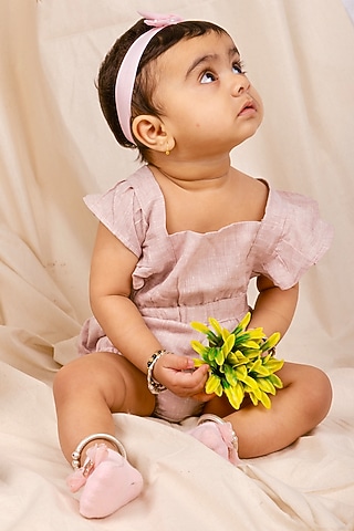 Onion Pink Linen & Lyocell Ruffled Bodysuit For Boys by Lilvin Comfy Wear