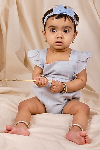 Powder Blue Linen & Lyocell Ruffled Bodysuit For Boys by Lilvin Comfy Wear