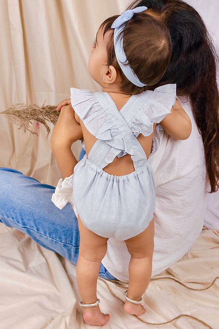 Powder Blue Linen & Lyocell Ruffled Bodysuit For Boys by Lilvin Comfy Wear at Pernia's Pop Up Shop