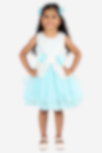 Blue Net & Satin Flared Dress For Girls by Lil Drama