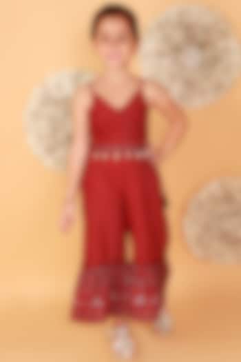 Red Cotton Printed & Embroidered Jumpsuit For Girls by Lil Drama