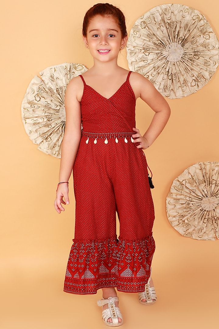 Red Cotton Printed & Embroidered Jumpsuit For Girls by Lil Drama