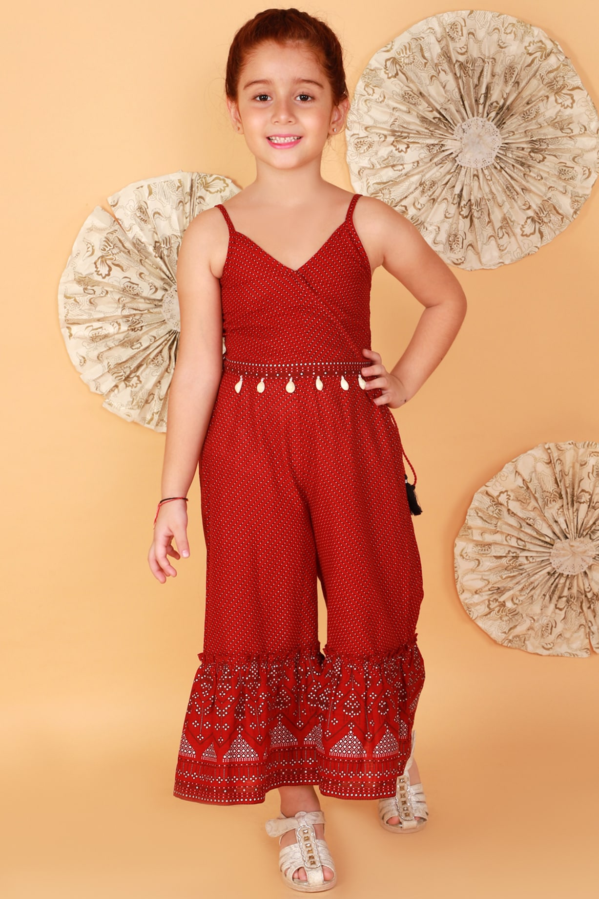 Red Cotton Printed Embroidered Jumpsuit For Girls by Lil Drama at  Pernia's Pop Up Shop