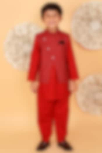 Red Cotton Printed Bundi Jacket With Kurta Set For Boys by Lil Drama