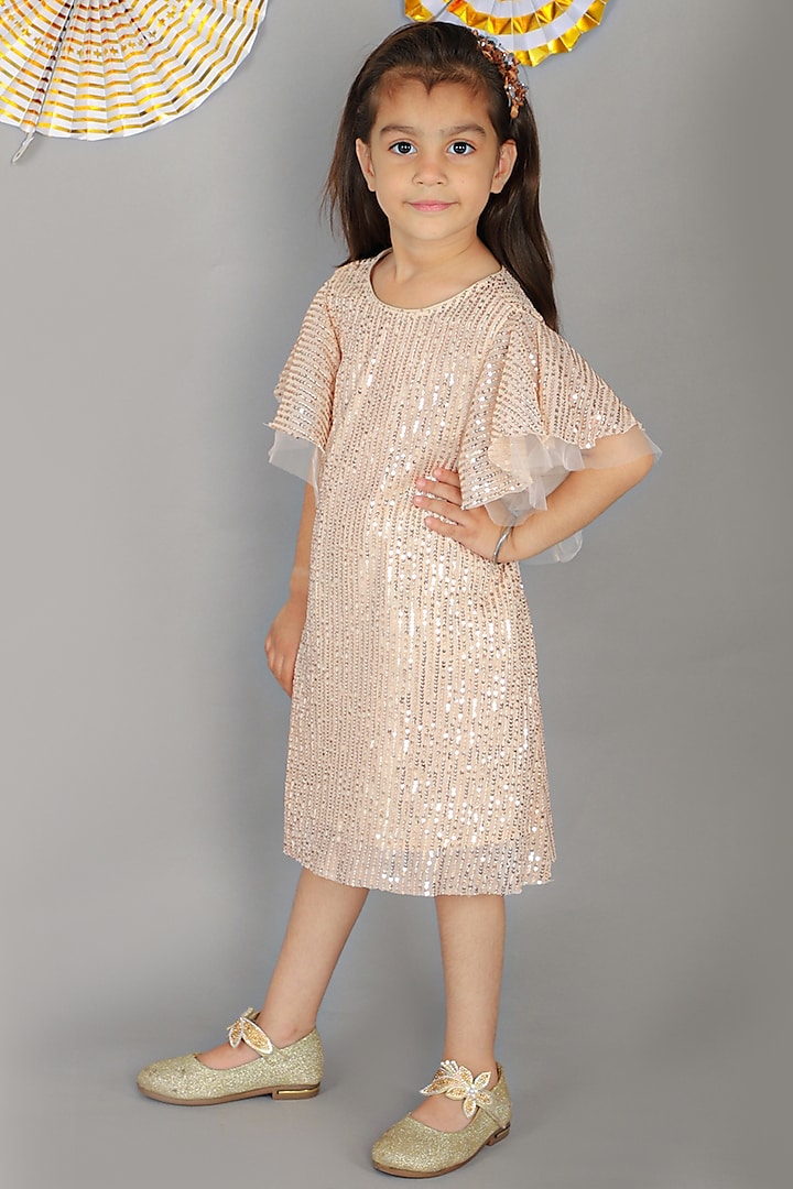 Peach Sequins Embroidered Dress For Girls by Lil Drama