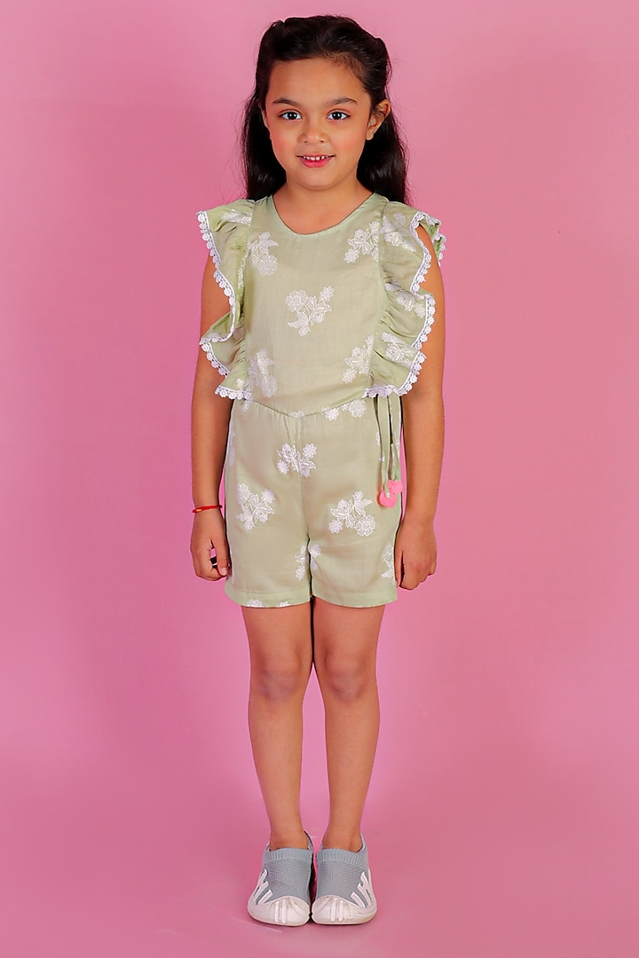 Green Cotton Satin Lace Jumpsuit For Girls by Lil Drama