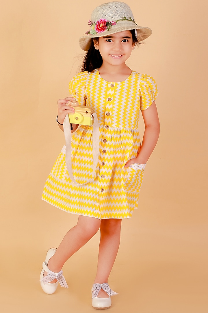 Yellow Cotton Striped Printed Dress For Girls by Lil Drama