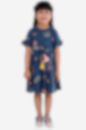 Teal Blue Crinkled Cotton Printed Dress For Girls by Lil Drama