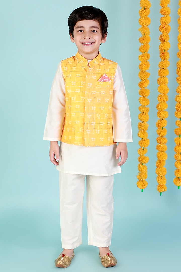 Yellow Chanderi Kurta Set With Bundi Jacket For Boys by Lil Drama