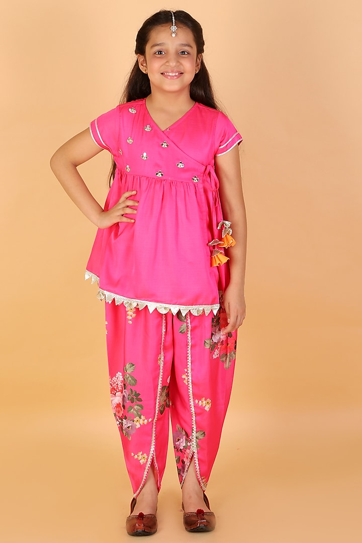 Pink Modal Satin Dhoti Set For Girls by Lil Drama at Pernia's Pop Up Shop