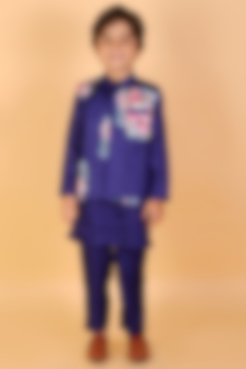 Blue Modal Satin Kurta set With Printed Bundi Jacket For Boys by Lil Drama at Pernia's Pop Up Shop