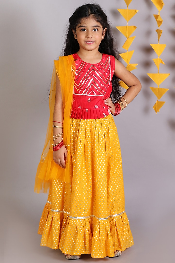 Yellow Brocade lehenga Set For Girls by Lil Drama at Pernia's Pop Up Shop