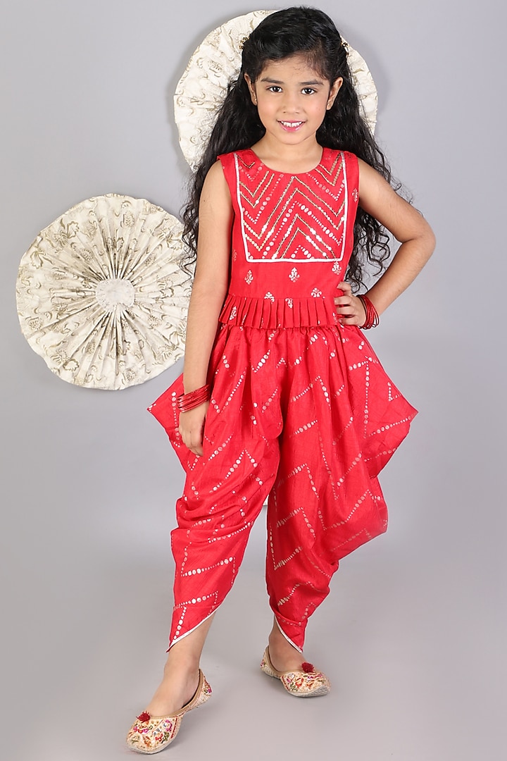 Red Polyester Dhoti Set For Girls by Lil Drama
