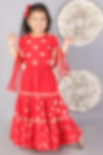 Red Polyester Lehenga Set For Girls by Lil Drama