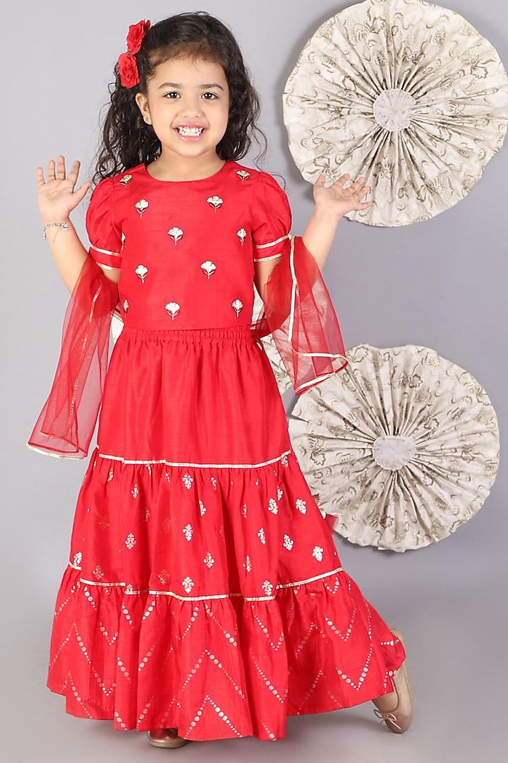 Red Polyester Lehenga Set For Girls by Lil Drama