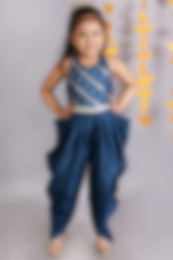 Teal Blue Jamawar Jumpsuit For Girls by Lil Drama