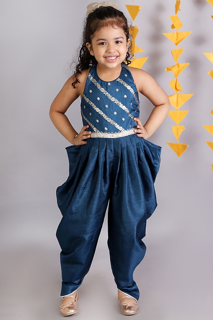 Teal Blue Jamawar Jumpsuit For Girls by Lil Drama