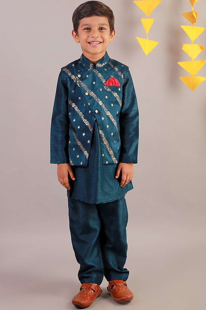 Teal Blue Jamawar Kurta Set With Printed Bundi Jacket For Boys by Lil Drama