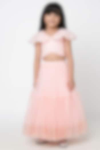 Peach Net Sequins Embroidered Lehenga Set For Girls by Lil Drama at Pernia's Pop Up Shop