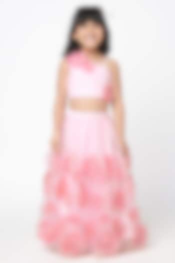 Pink Net Floral Embellished Lehenga Set For Girls by Lil Drama at Pernia's Pop Up Shop
