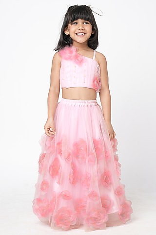 Pink Net Floral Embellished Lehenga Set For Girls by Lil Drama