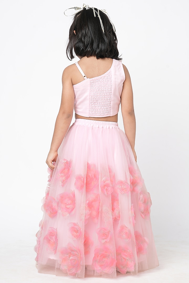 Pink Net Floral Embellished Lehenga Set For Girls by Lil Drama at Pernia's Pop Up Shop