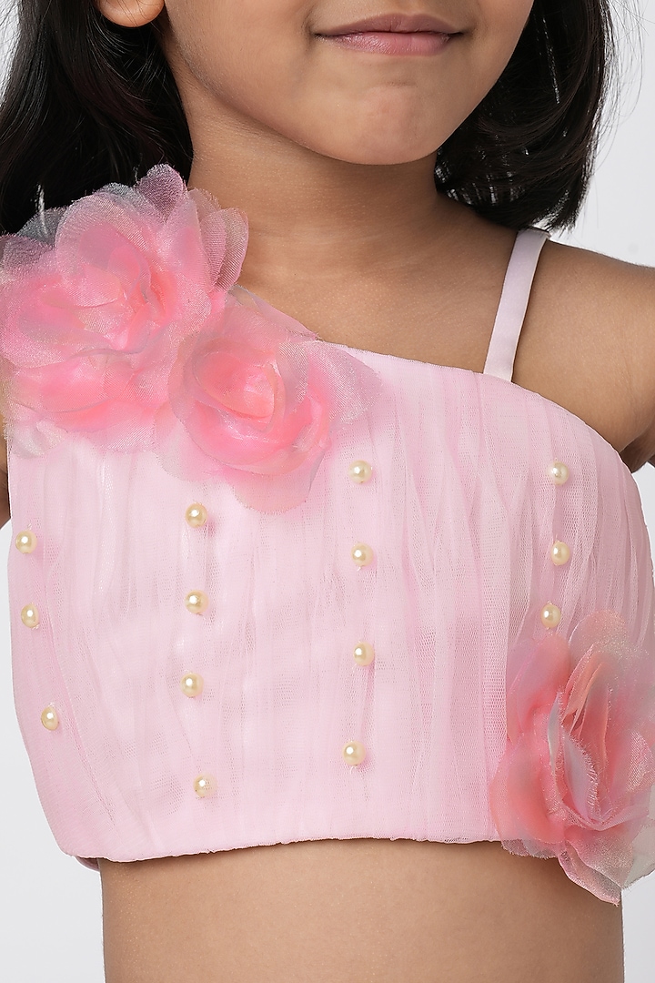 Pink Net Floral Embellished Lehenga Set For Girls by Lil Drama at Pernia's Pop Up Shop