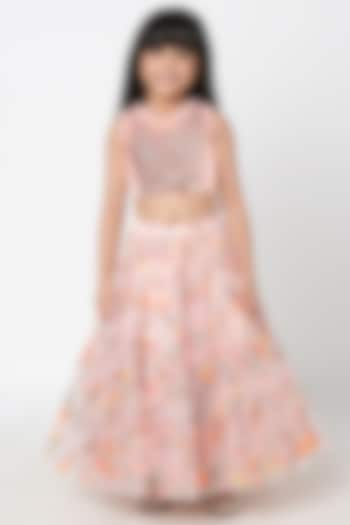 Peach Net Handpainted Lehenga Set For Girls by Lil Drama at Pernia's Pop Up Shop