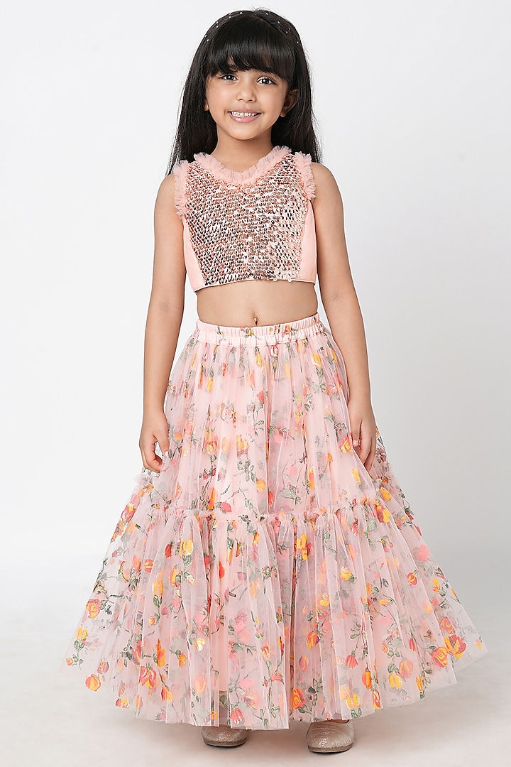 Peach Net Handpainted Lehenga Set For Girls by Lil Drama at Pernia's Pop Up Shop