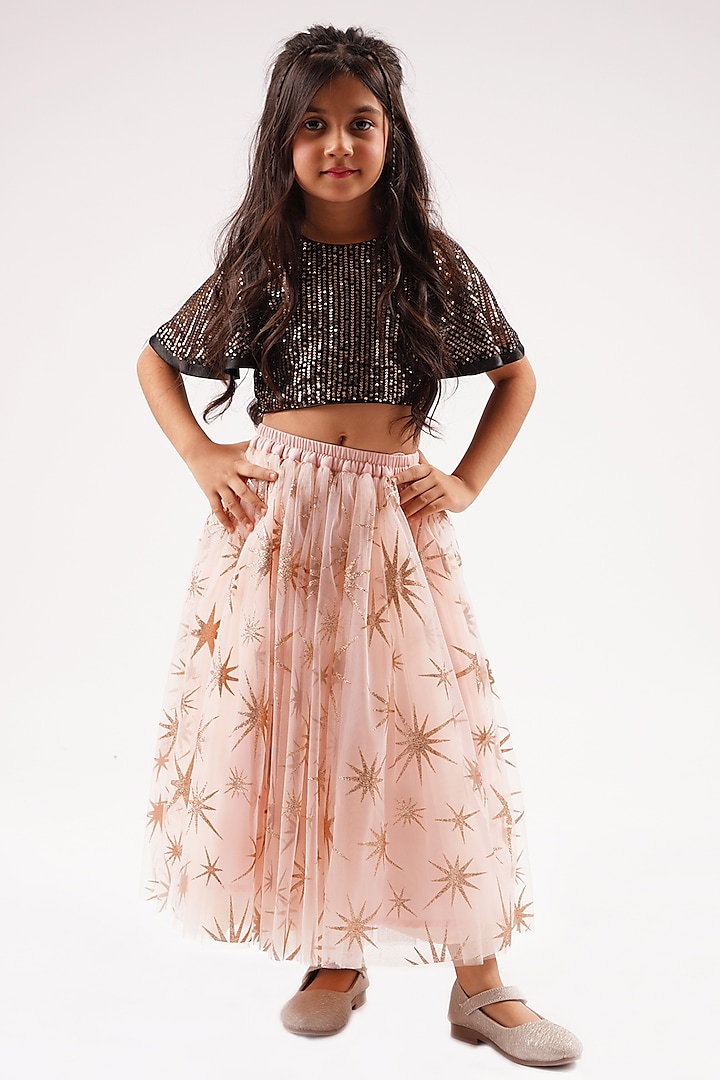 Peach Net Printed Lehenga Set For Girls by Lil Drama at Pernia's Pop Up Shop