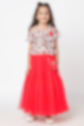 Red Net Tiered Lehenga Set For Girls by Lil Drama at Pernia's Pop Up Shop