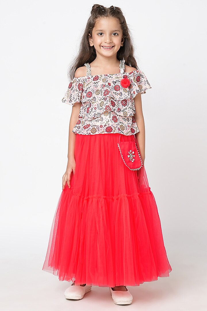 Red Net Tiered Lehenga Set For Girls by Lil Drama at Pernia's Pop Up Shop