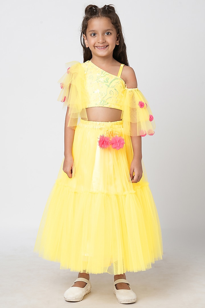 Yellow Polyester Lehenga Set For Girls by Lil Drama at Pernia's Pop Up Shop