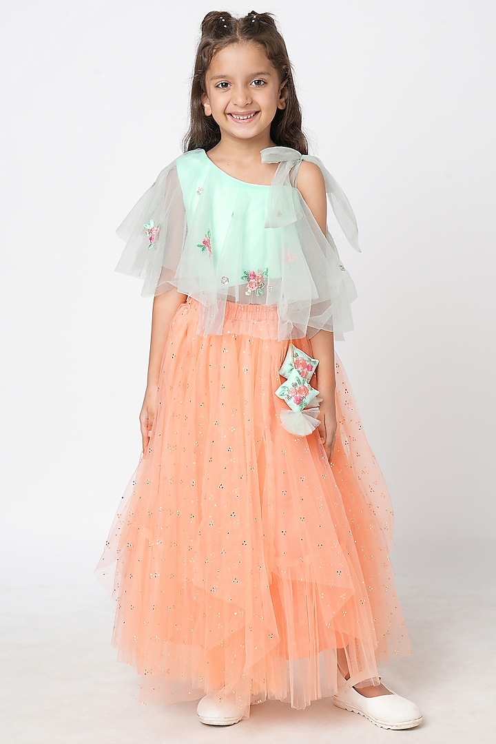 Peach Polyester Lehenga Set For Girls by Lil Drama at Pernia's Pop Up Shop