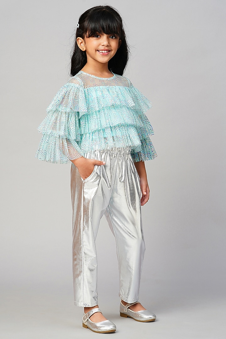 Blue & Silver Polyester Foil Printed Co-Ord Set by Lil Drama at Pernia's Pop Up Shop