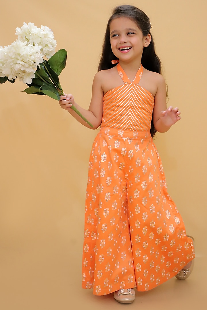 Orange Cotton Foil Printed Jumpsuit For Girls by Lil Drama at Pernia's Pop Up Shop