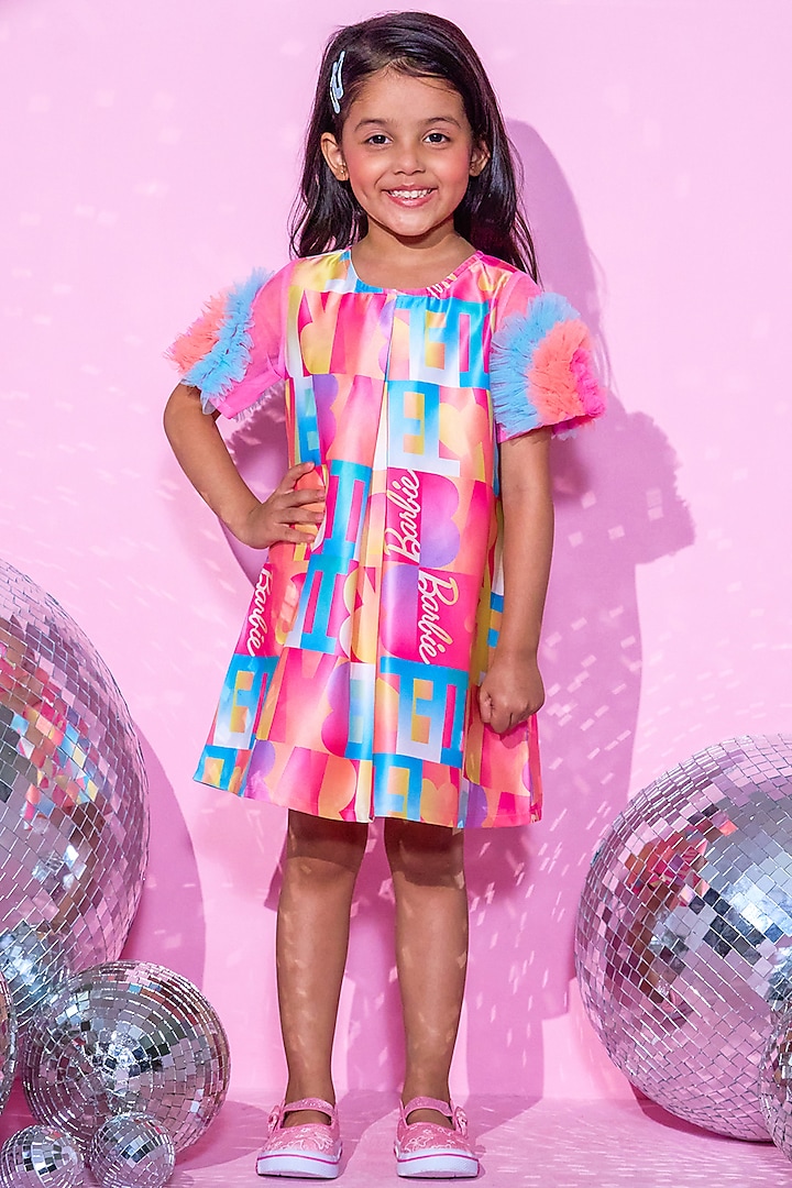 Pink Polyester Digital Printed Dress For Girls by Lil Drama at Pernia's Pop Up Shop