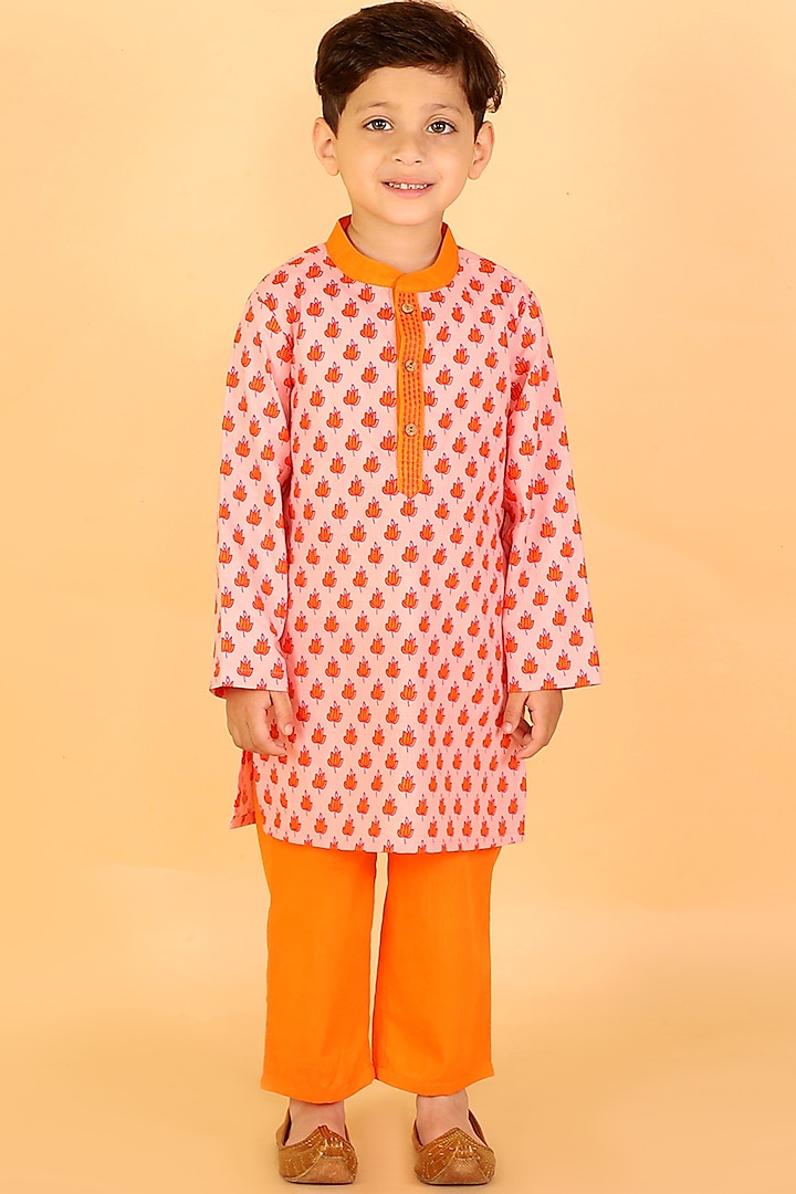 Orange Embroidered Kurta Set For Boys by Lil Drama