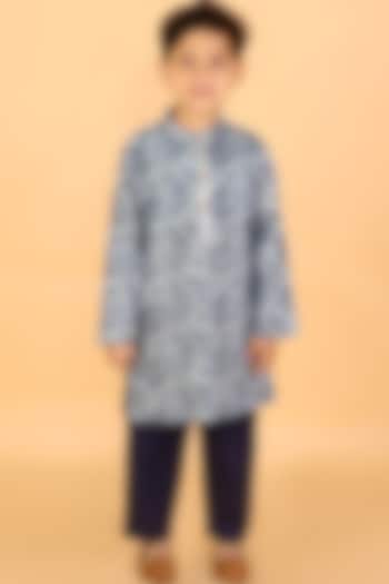Navy Blue Printed Kurta Set For Boys by Lil Drama