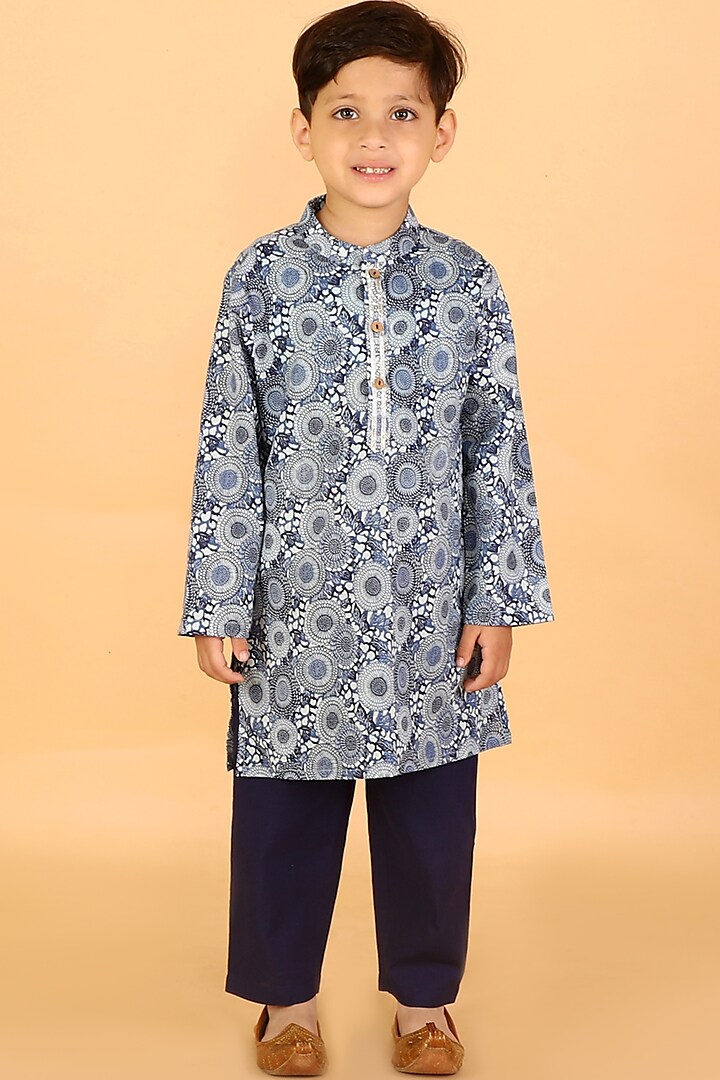 Navy Blue Printed Kurta Set For Boys by Lil Drama