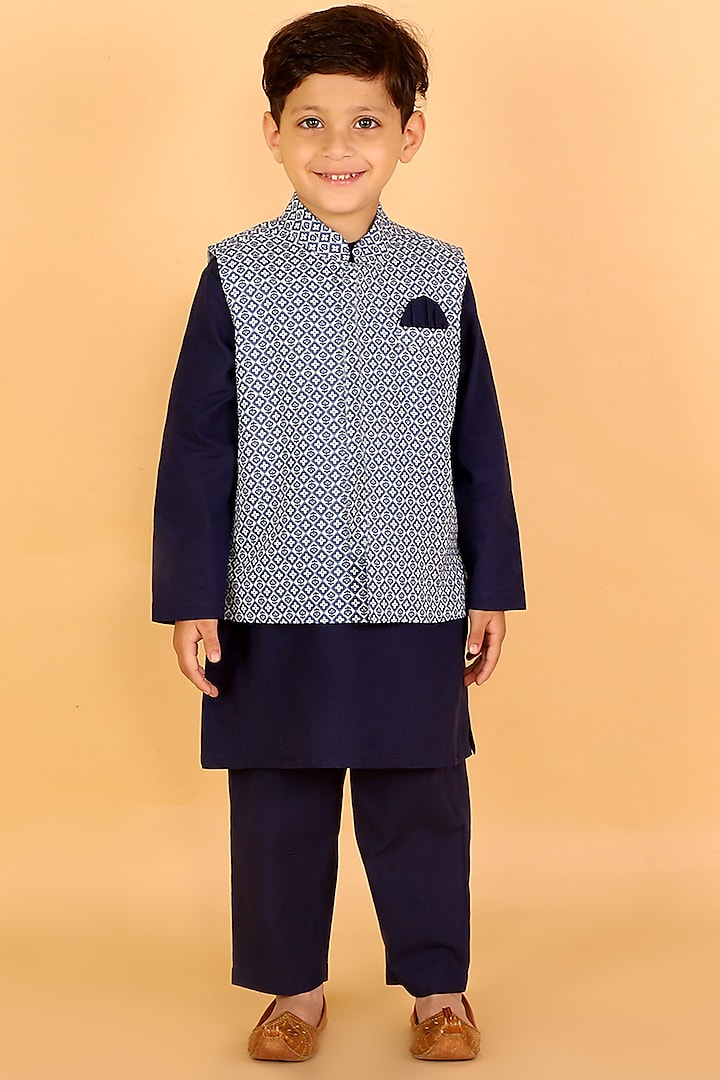 Navy Blue Kurta Set With Bundi Jacket For Boys by Lil Drama at Pernia's Pop Up Shop