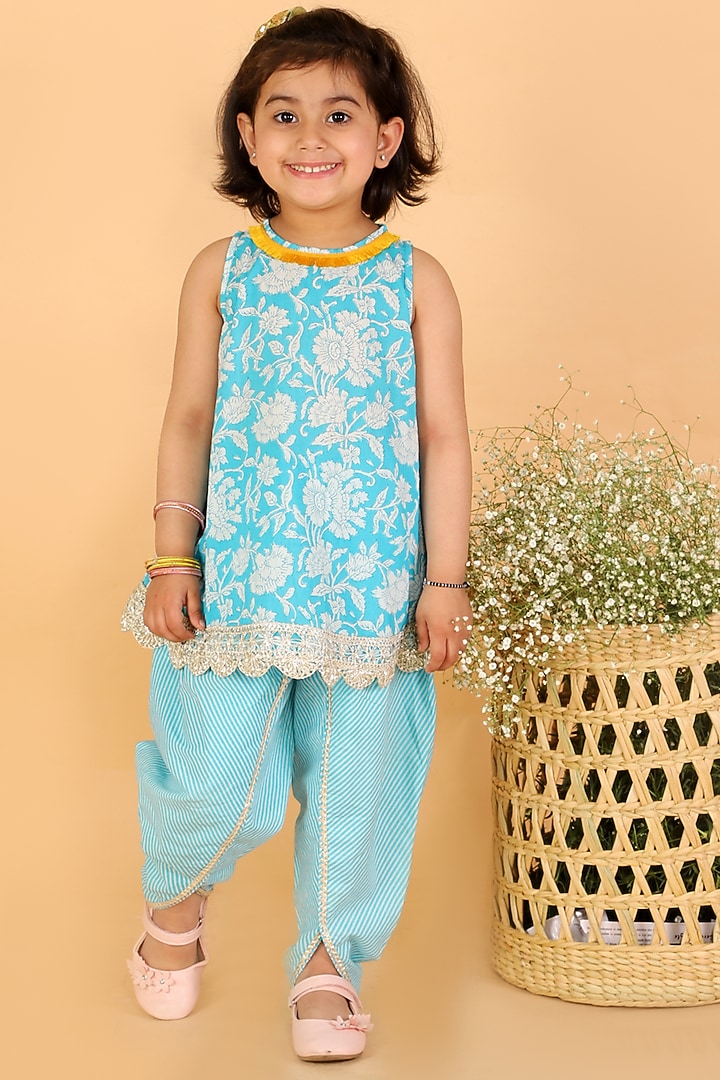 Light Blue Cotton Dhoti Set For Girls by Lil Drama at Pernia's Pop Up Shop