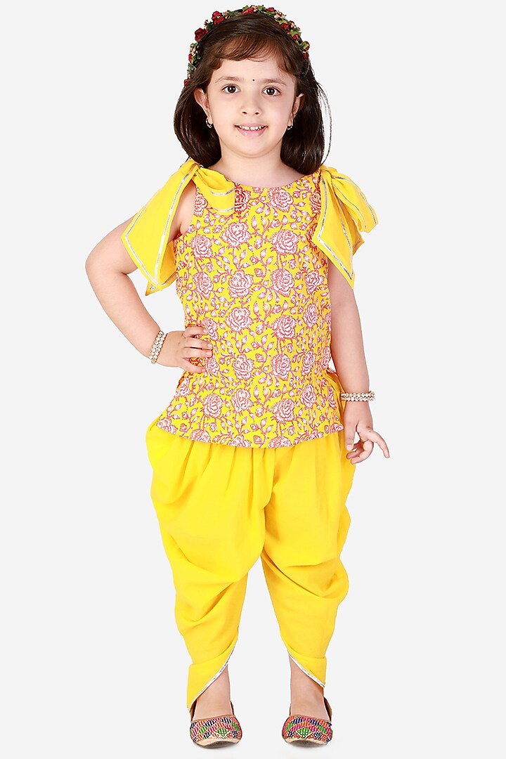 Yellow Cotton Dhoti Set For Girls by Lil Drama