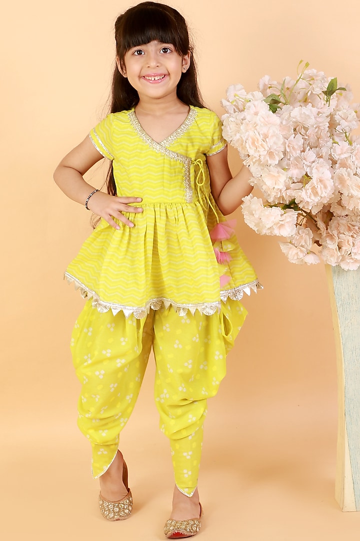 Neon Green Cotton Dhoti Set For Girls by Lil Drama
