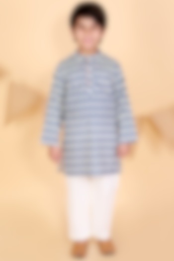 Navy Blue Kurta Set With Print For Boys by Lil Drama at Pernia's Pop Up Shop