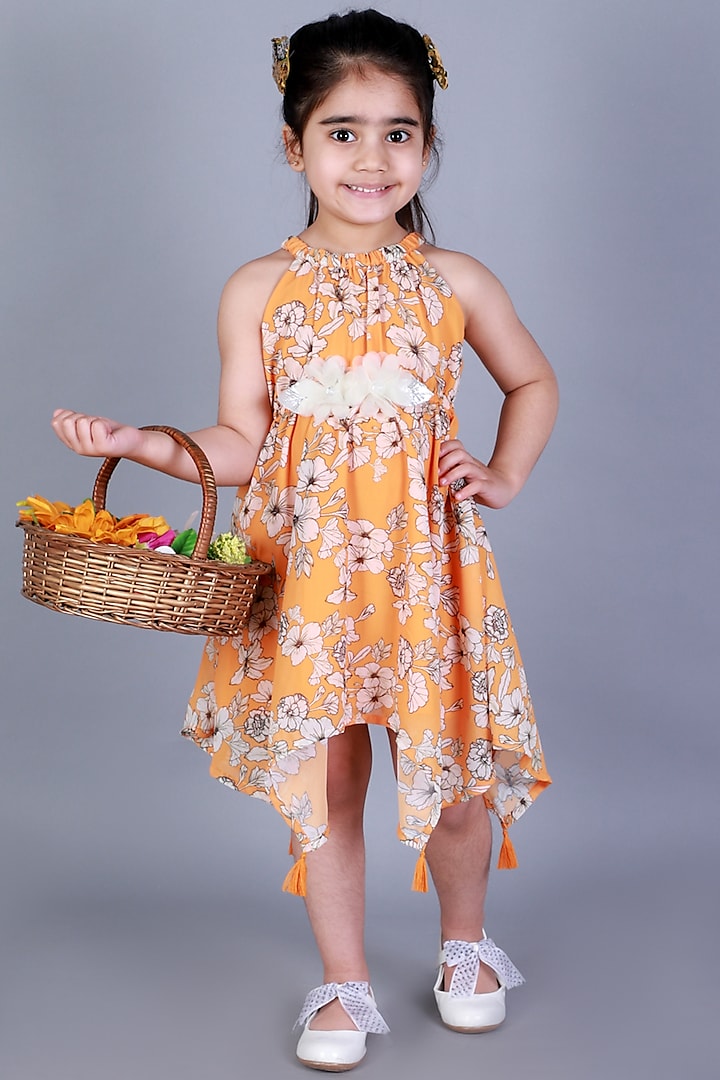 Mustard Floral Printed Dress For Girls by Lil Drama