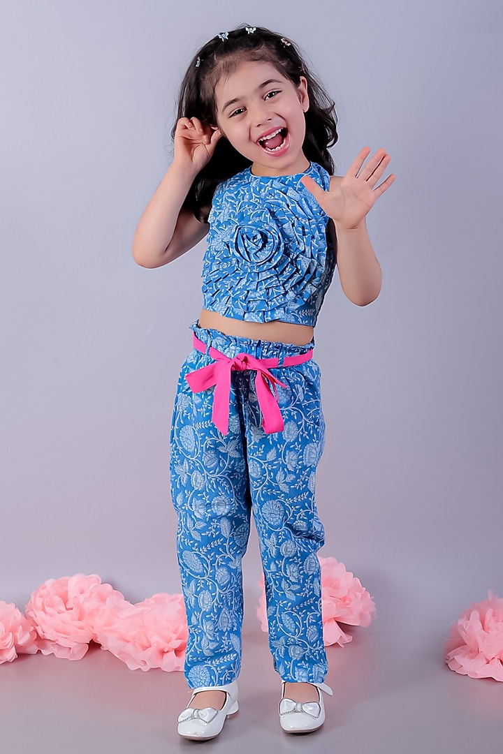 Blue Cotton Embroidered & Printed Co-Ord Set For Girls by Lil Drama at Pernia's Pop Up Shop