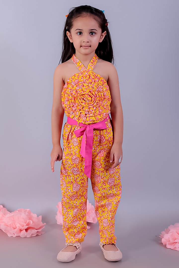 Yellow Cotton Embroidered & Printed Co-Ord Set For Girls by Lil Drama at Pernia's Pop Up Shop