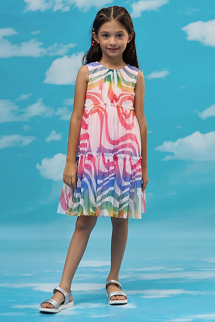 White Polyester Digital Printed Flared Dress For Girls by Lil Drama at Pernia's Pop Up Shop